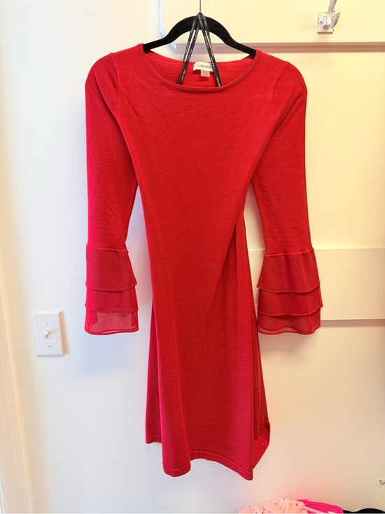 Calvin Klein Dresses & Skirts - Calvin Klein Red Long-Sleeve A-Line Dress with Tiered Sheer Cuffs